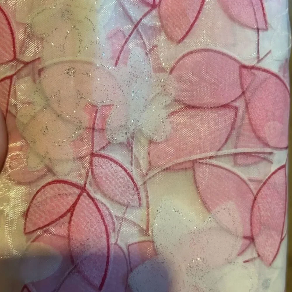 Pink & White Floral Sheer Curtain Panels w/ Silver Shimmer – Set of 4  35” x 76”